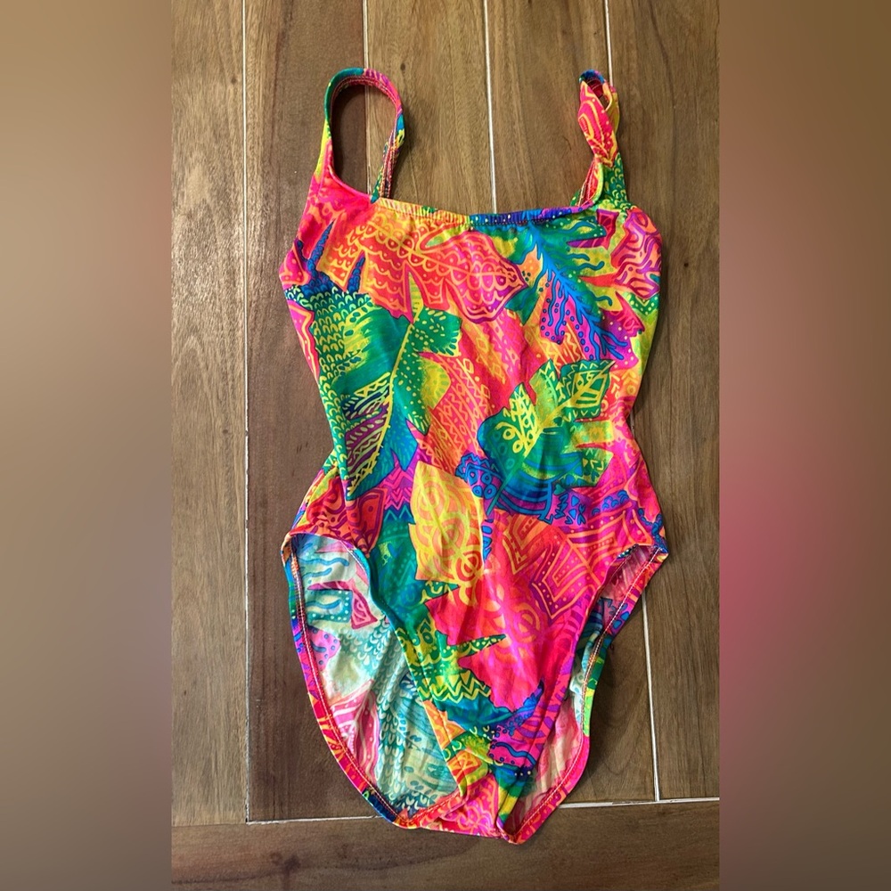 Pacific Connections Vintage Neon Multicolor Girls'‎ One-Piece Swimsuit 8-10